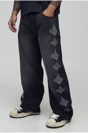 Baggy Fit Rhinestone Embellished Washed Jeans - charcoal