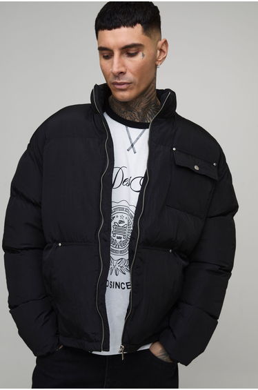 Tall Regular Fit Nylon Carpenter Funnel Neck Puffer Jacket - black