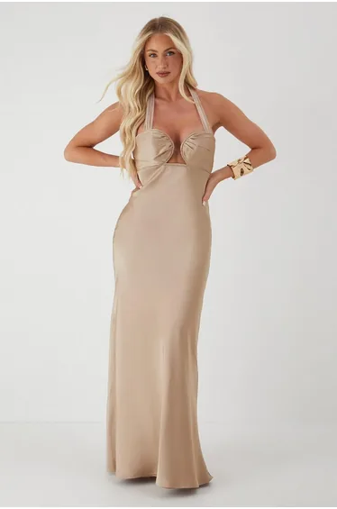 Ruched Bust Cup Halter Neck Maxi Dress