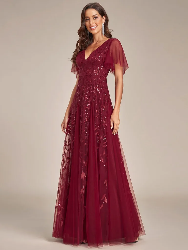Romantic Shimmery V Neck Ruffle Sleeves Maxi Evening Gowns - 3