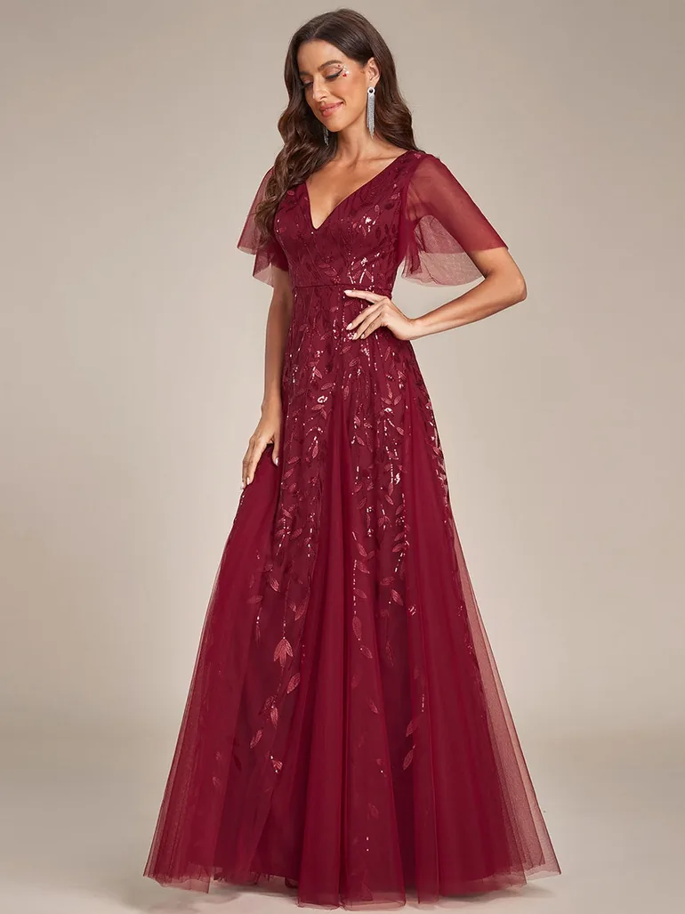 Romantic Shimmery V Neck Ruffle Sleeves Maxi Evening Gowns - 2