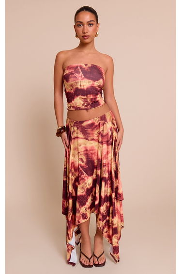 Deep Red Abstract Print Slinky Asymmetrical Hem Maxi Skirt