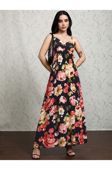 Women Floral Printed Strappy A-Line Maxi Dress with Smocked Back