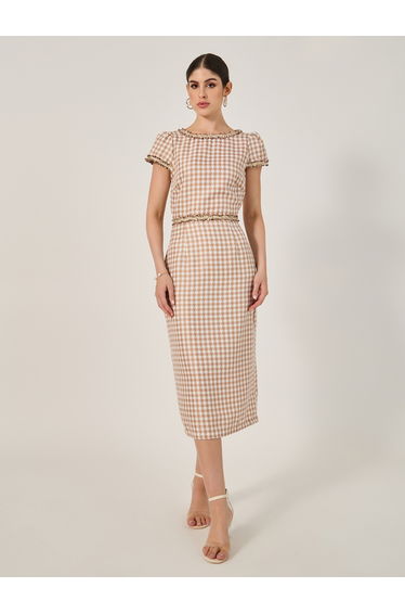 Checked Short Sleeve Bodycon Midi Dress