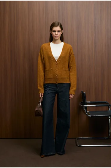 GRIMELANGE ESENCIA Women's V-Neck Long Sleeve Buttoned Pocket Soft Textured Regular Knit Saffron Yellow Sweater