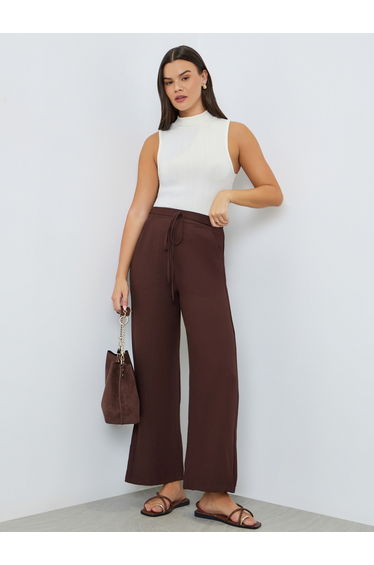 Coffee Brown Wide Leg Trousers with Drawstring
