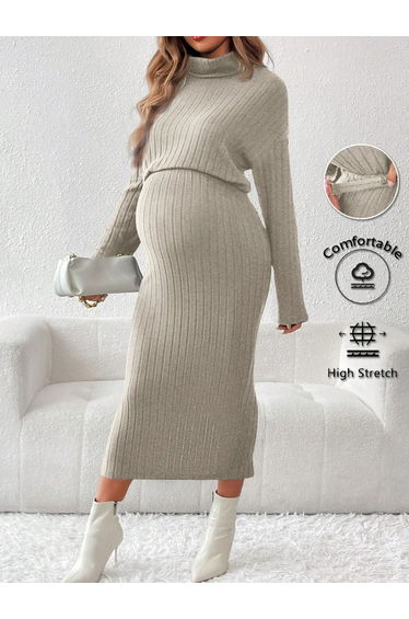 Women High Neck Top and Adjustable Elastic Skirt Maternity Ribbed Set