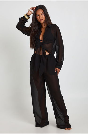 Chiffon Tie Front Shirt - black