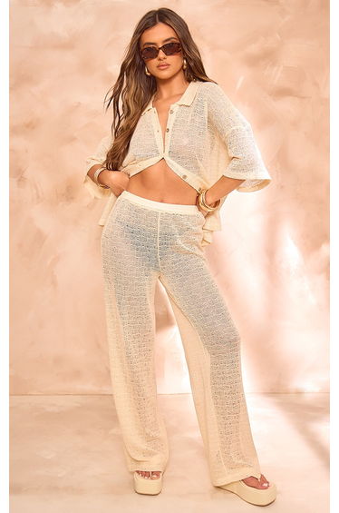 Beige Textured Wide Leg Trousers