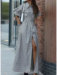 Loose Ruffle Sleeves Buttoned Plaid Pockets Lapel Maxi Dresses Shirt Dress