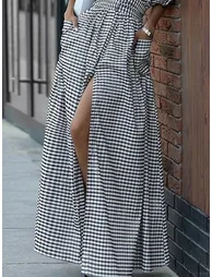 Loose Ruffle Sleeves Buttoned Plaid Pockets Lapel Maxi Dresses Shirt Dress - 3