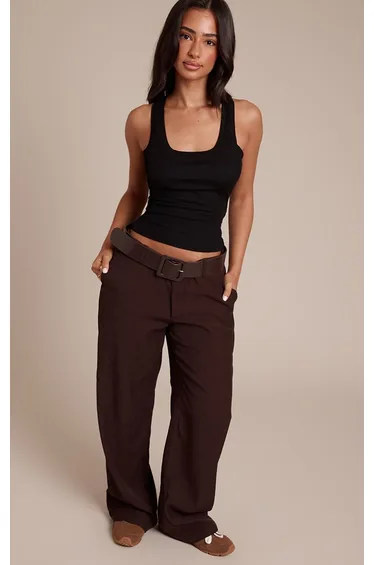 بنطلون بأرجل عريضة بحزام لون بني - للمقاسات الصغيرة