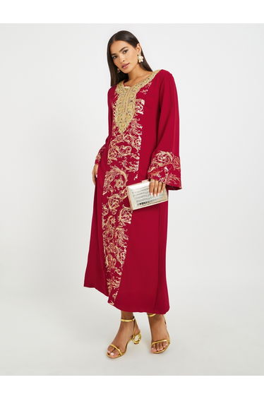 Embroidered Lace Detail Foil Print A-Line Jalabyia