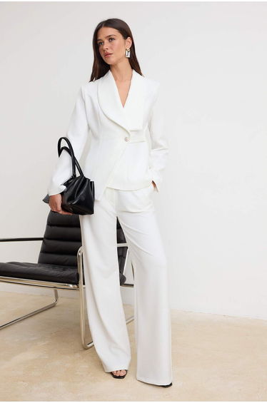 White Double-Breasted Closure Blazer Jacket Trousers Woven Bottom - Top Set