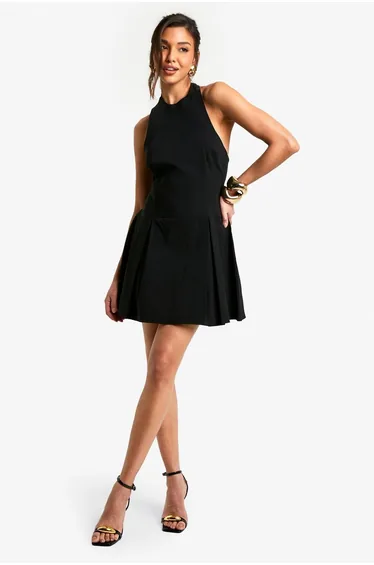Bengaline Halter Skater Dress - black