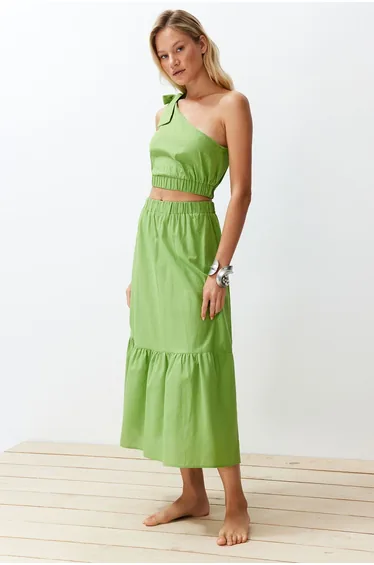 Green Woven One-Shoulder Blouse and Skirt Suit