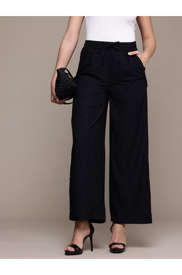 Black Textured Wide Leg Trousers