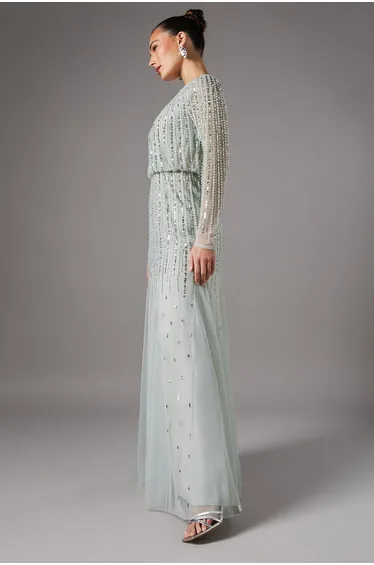 Linear Sequin Embellished Long Sleeve Dress