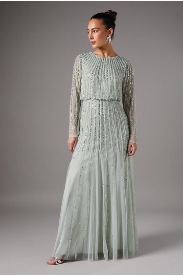 Linear Sequin Embellished Long Sleeve Dress