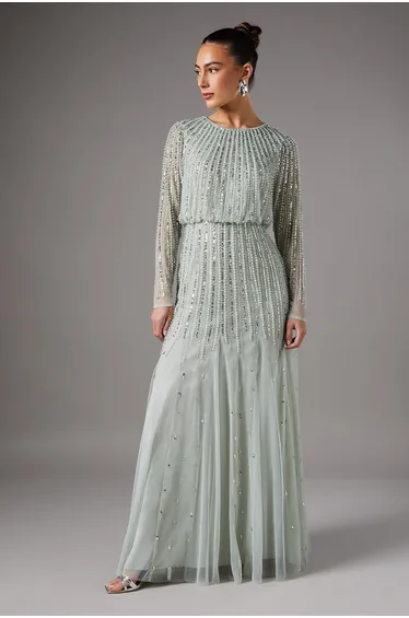 Linear Sequin Embellished Long Sleeve Dress