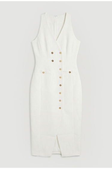 Textured Compact Stretch V Neck Button Detail Midi Dress