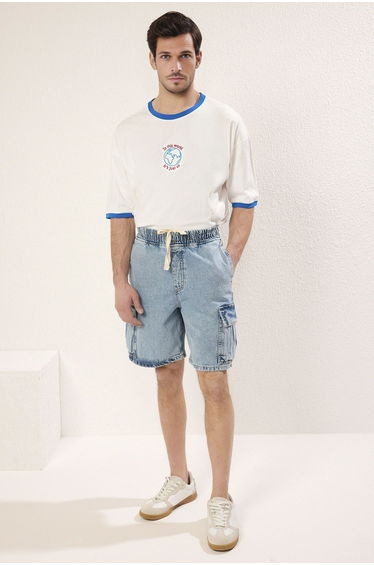 Men's Blue Regular Fit Cargo Pocket Elastic Waist Jeans