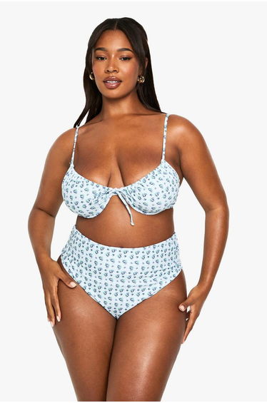 Plus Gingham Floral Print Underwired Bikini Top - baby blue