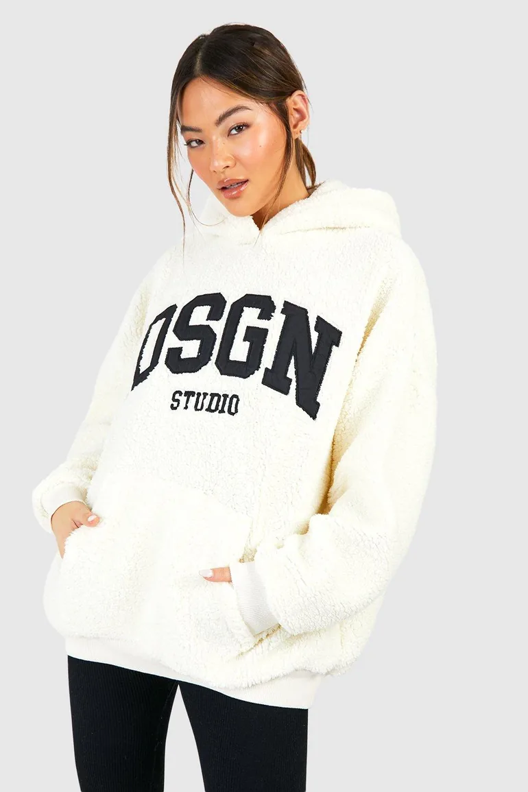Dsgn Studio Applique Borg Oversized Hoodie - cream - 3