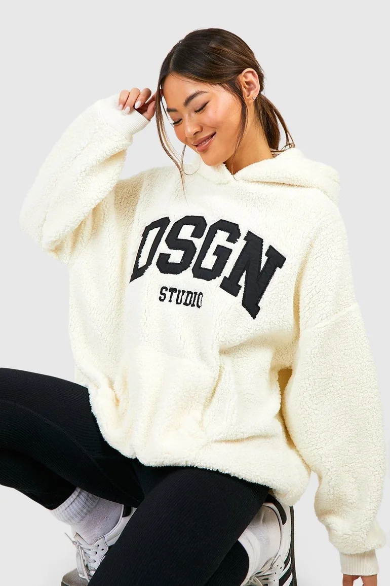 Dsgn Studio Applique Borg Oversized Hoodie - cream