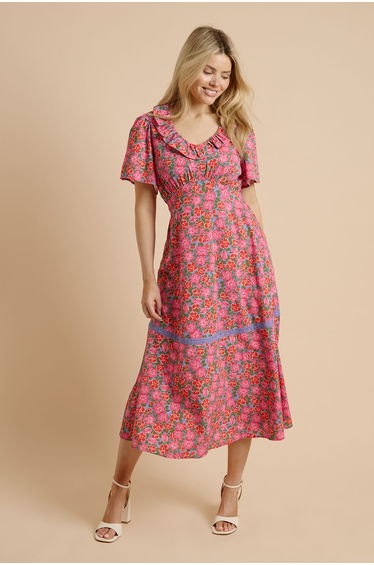 Multi Angel Sleeve Frill Neckline Lace Trim Midaxi Dress