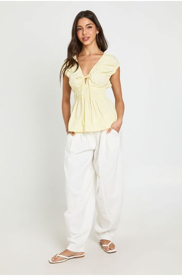 Shirred Waist Peplum Top - lemon