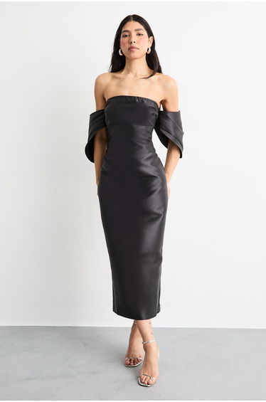 Structured Puff Sleeve Bardot Dress