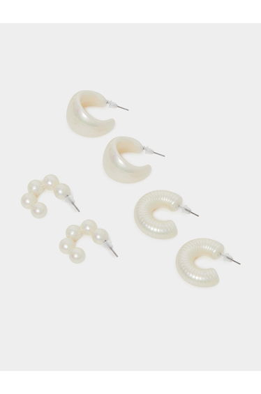 Set of 3 - White Faux Pearl Hoop Earrings