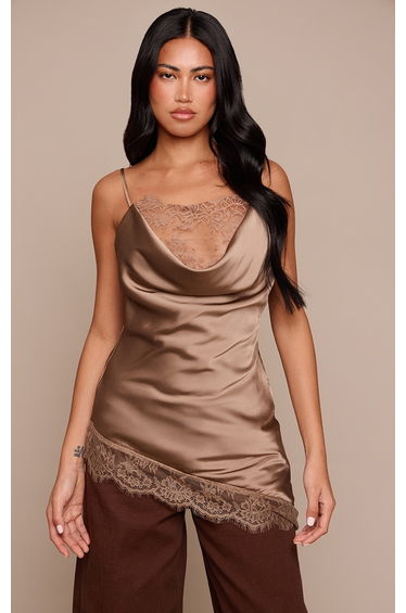 Mushroom Lace Trim Satin Cowl Asymmetric Top
