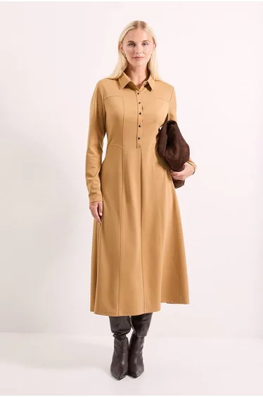Camel Ponte Seam Detail Midi Dress