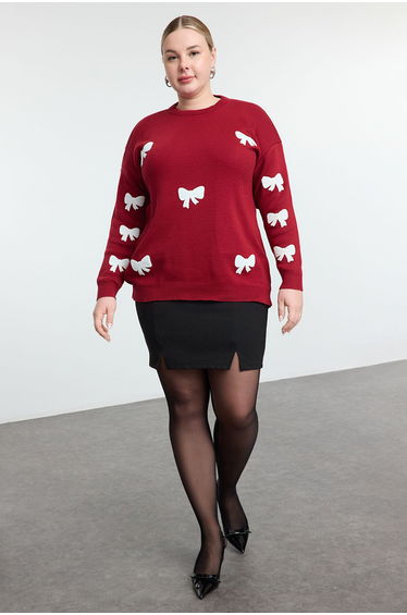 Burgundy Ribbon/Bow Embroidered Knitwear Sweater
