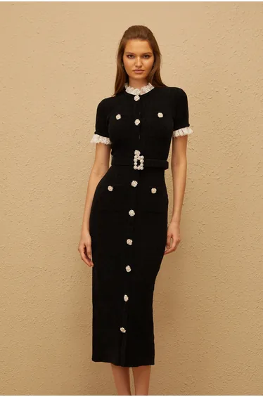 Mathilde Black Embellished Furry Knit Midi Dress