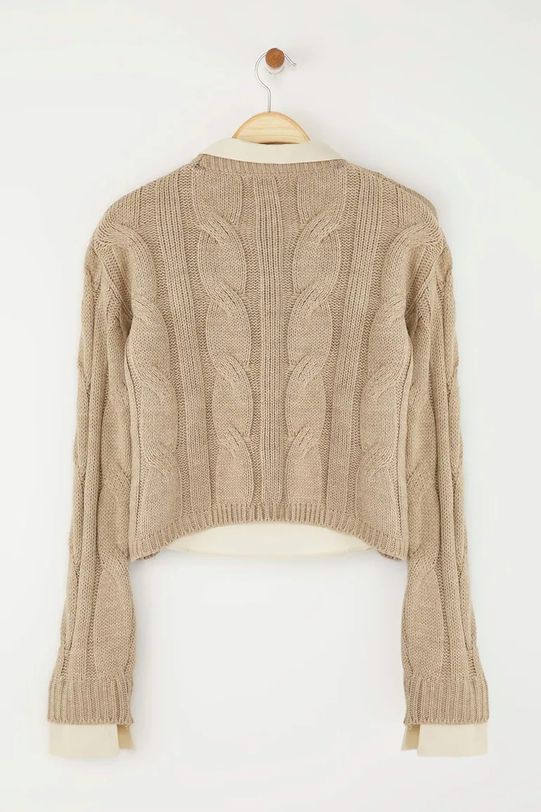 Mink Shirt Garnish Detail Crop Knitwear Sweater - 3