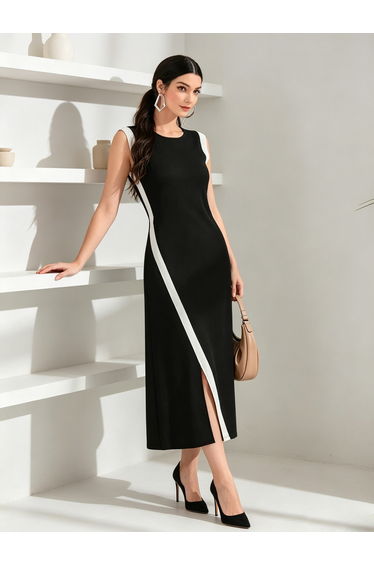 Black Sleeveless Midi Dress with Contrast Trim