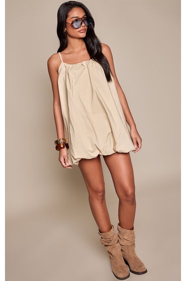 Stone Stretch Woven Strappy Puffball Mini Dress
