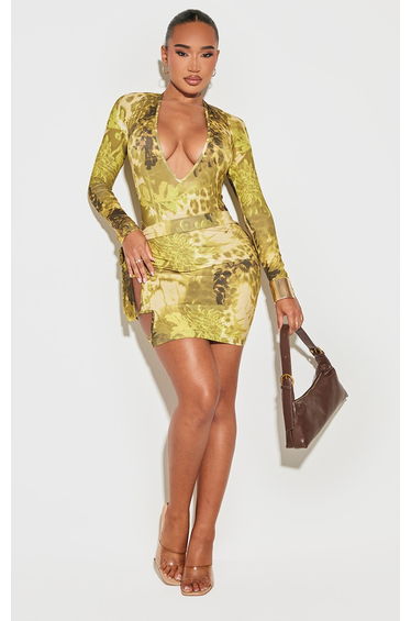 Shape Green Floral Animal Printed Slinky Cut Out Tie Detail Mini Skirt