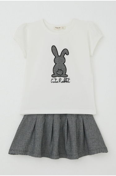 Girls' Skirt Set with Cute Bunny Print, Ecru