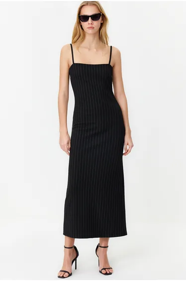 Black Striped Strap Bodycone/Crap Knitted Midaxi Dress
