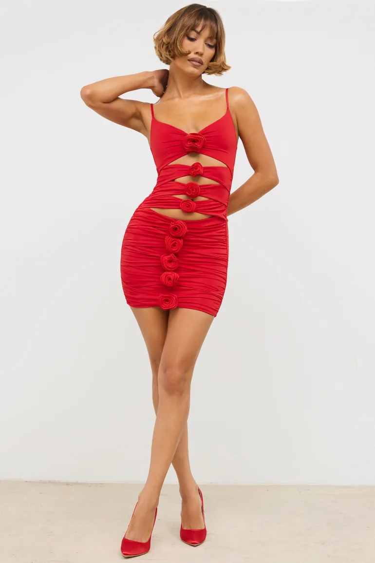 slinky jersey rose detail cut out mini dress Slinky Jersey Rose Detail Cut Out Mini Dress in Scarlet Red