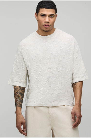 Boxy Fit Diamond Stitch Knitted T-Shirt - stone