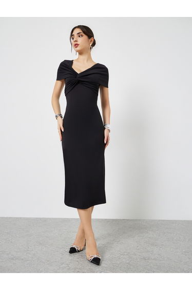 Black Twist-Front Sheath Midi Dress