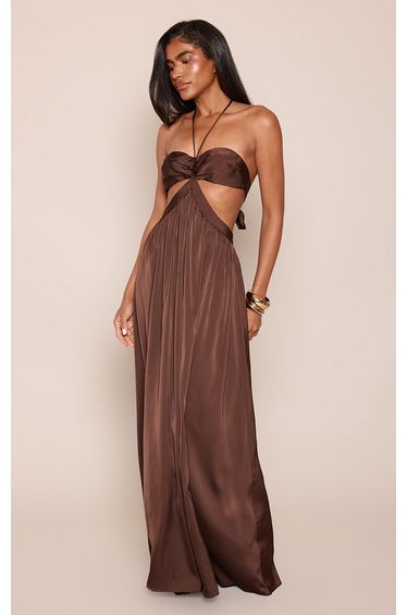 Chocolate Satin Halter Neck Cut Out Maxi Dress
