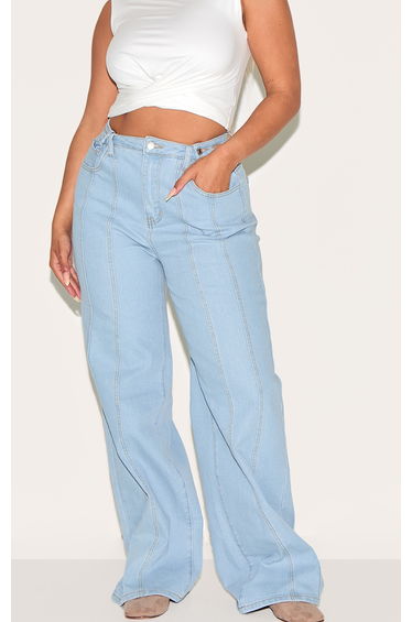 Shape Light Blue Stretch Denim Highwaisted Adjustable Button Wide Leg Jeans