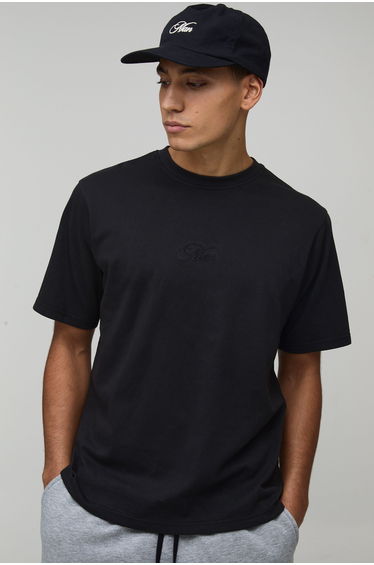 Regular Fit Man Script Embroidered T-Shirt - black