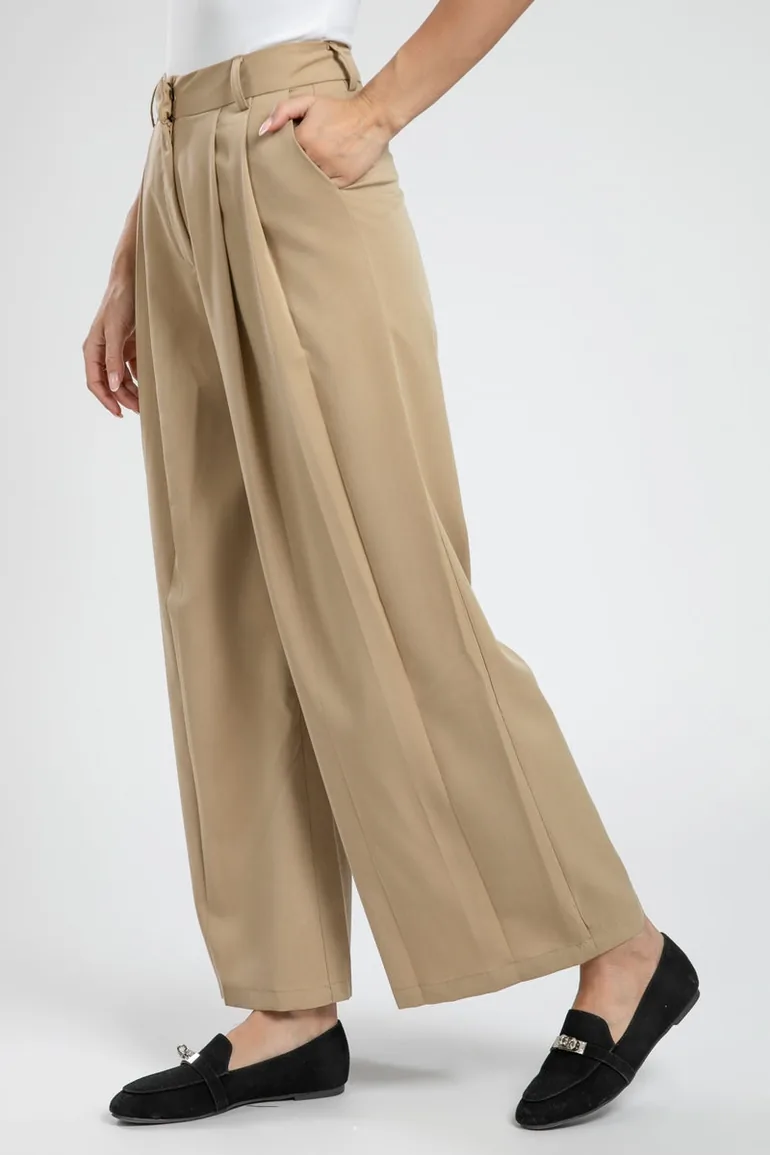 Womens Flowy Wide Leg Pants  Solid Color with Front Pleat Details - 1